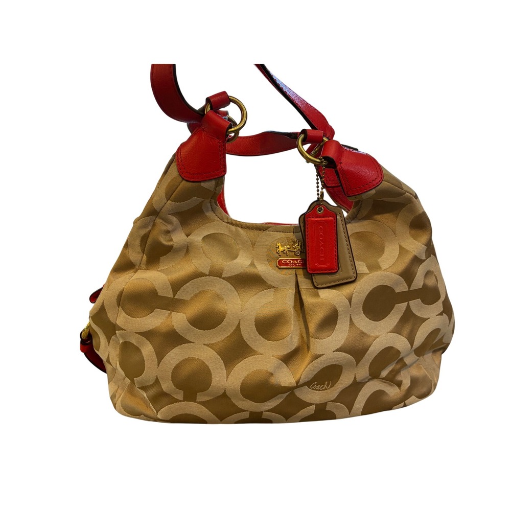 Coach Hobo Bag Women Large Khaki Coral Excellent Signature Jacquard Shoulder Bag